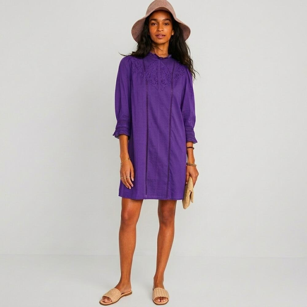 Farm Rio Tunic Mini Dress Dasha Lace Crochet 3/4 Sleeve Boho Purple Sz M Petite